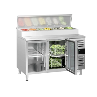 Přípravný stůl PREMIUM - 1360 mm - 2 skleněné dveře - pro 7× GN 1/3