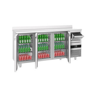 Barový chladicí stůl PREMIUM - 2135x600 mm - se 3 dveřmi, zadní lištou & odklepávačem na kávu