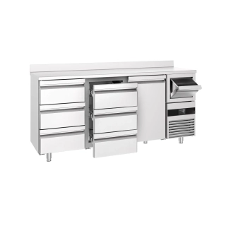Barový chladicí stůl PREMIUM - 2130x600 mm - s 1 dveřmi, 6 zásuvkami, zadní lištou & odklepávačem na kávu