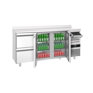 Barový chladicí stůl PREMIUM - 2130x600 mm - se 2 dveřmi, 2 zásuvkami, zadní lištou & odklepávačem na kávu