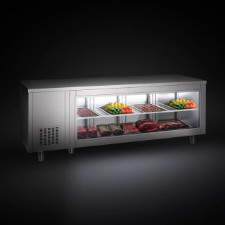 Chladicí stůl - 2330x700x850 mm - 632 l - se skleněným čelem - s 4 dveřmi
