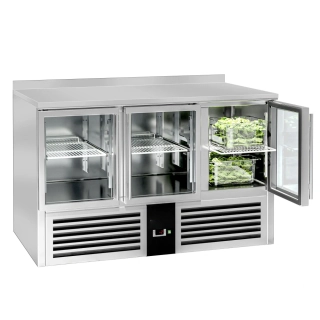 Chladicí stůl PREMIUM - 1370x700 mm - 3 skleněné dveře - zadní lišta