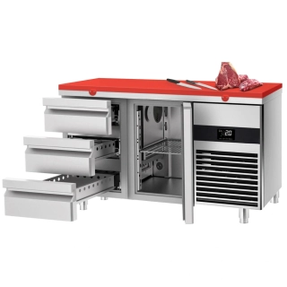 Chladicí stůl PREMIUM - 1400x700 mm - 1 dveře - 3 zásuvky - vč. červené krájecí desky