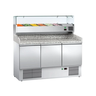 Chladicí stůl na pizzu ECO - 1400x700 mm - se 3 dveřmi - se žulovou pracovní deskou - vč. chladicí nástavbové vitríny - 6x GN 1/4