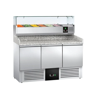 Chladicí stůl na pizzu PREMIUM - 1400x700 mm - se 3 dveřmi - vč. chladicí nástavbové vitríny - 6x GN 1/4 - se žulovou pracovní deskou