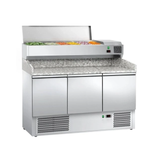 Chladicí stůl na pizzu ECO - 1400x700 mm - se 3 dveřmi - se žulovou pracovní deskou - vč. chladicí nástavbové vitríny - 6x GN 1/4