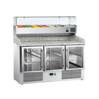 Chladicí stůl na pizzu ECO - 1400x700 mm - se 3 dveřmi - se žulovou pracovní deskou - vč. chladicí nástavbové vitríny - 6x GN 1/4 - se skleněným krytem