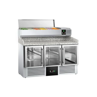 Chladicí stůl na pizzu PREMIUM - 1400x700 mm - se 3 dveřmi - se žulovou pracovní deskou - vč. chladicí nástavbové vitríny - 6x GN 1/4