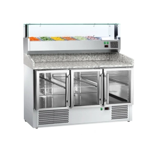 Chladicí stůl na pizzu ECO - 1400x700 mm - se 3 dveřmi - vč. chladicí nástavbové vitríny s LED osvětlením - 6x GN 1/4 - se žulovou pracovní deskou