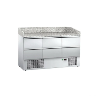 Chladicí stůl na pizzu ECO - 1400x700 mm - se 3 dveřmi a 6 zásuvkami - se žulovou pracovní deskou