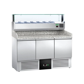 Chladicí stůl na pizzu PREMIUM - 1400x700 mm - se 3 dveřmi - se žulovou pracovní deskou - vč. chladicí nástavbové vitríny s LED osvětlením - 6x GN 1/4