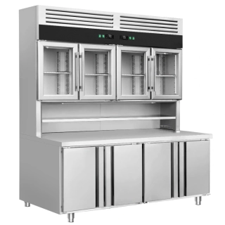 Chladicí stůl s přístěnným chladicím regálem - 1800x800x2100 mm - Dvojité zasklení - s 4 skleněnými dveřmi - s 4 dveřmi - pracovní deska