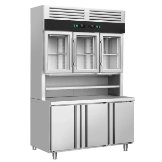 Přístěnný chladicí regál s chladicím stolem - 1350x700x2100 mm - 455 l - Dvojité zasklení - s 3 skleněnými dveřmi - s 3 dveřmi - pracovní deska