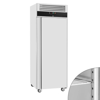 Nerezová mrazicí skříň ECO - GN 2/1 - 440 l - až -22 °C - s 1 dveře - Digitální termostat; Uzamykatelné dveře; Samozavírací dveře; Ventilované chlazení; Automatické odmrazování; Kolejnice & nosné rošty