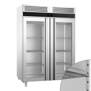 Nerezová chladicí skříň PREMIUM - GN 2/1 - 1 400 l - až +8 °C - s 2 skleněné dveře