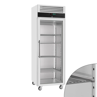 Nerezová mrazicí skříň ECO - GN 1/1 - 740 mm - 600 l - až -22 °C - s 1 skleněné dveře - Digitální termostat; Vyhřívaný rám; Ventilované chlazení; Automatické odmrazování; Uzamykatelné dveře; Kolečka
