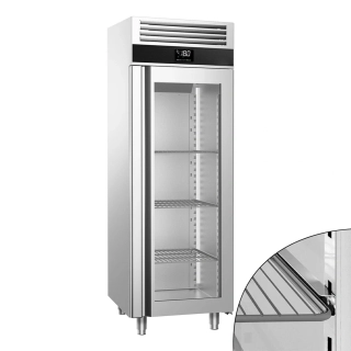 Nerezová mrazicí skříň PREMIUM - GN 2/1 - 700 mm - 700 l - až -20 °C - s 1 skleněné dveře - Digitální termostat; Samozavírací dveře; Automatické odmrazování; Ventilované chlazení