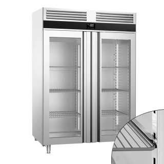 Nerezová mrazicí skříň PREMIUM - GN 2/1 - 1 400 l - až -20 °C - s 2 skleněné dveře - Digitální termostat; Samozavírací dveře; Ventilované chlazení; Automatické odmrazování