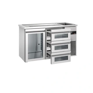 Výčepní pult PREMIUM - 1550x700 mm - 1 skleněné dveře & 3 skleněné zásuvky