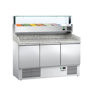 Chladicí stůl na pizzu ECO - 1400x700 mm - se 3 dveřmi - vč. chladicí nástavbové vitríny - 6x GN 1/4