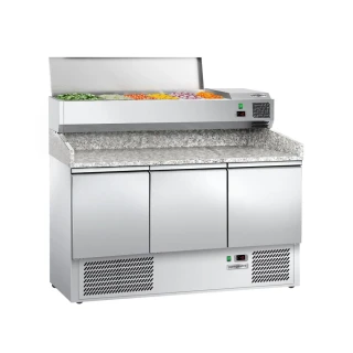Chladicí stůl na pizzu ECO - 1400x700 mm - se 3 dveřmi - vč. chladicí nástavbové vitríny - 6x GN 1/4