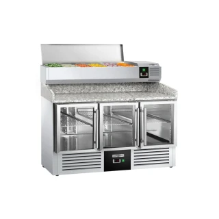 Chladicí stůl na pizzu PREMIUM - 1400x700 mm - se 3 skleněnými dveřmi - vč. nástavné vitríny - 6x GN 1/4