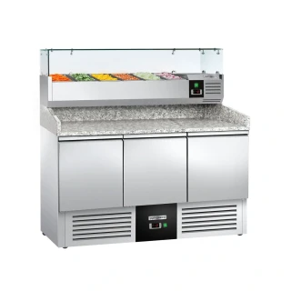 Chladicí stůl na pizzu PREMIUM - 1400x700 mm - se 3 dveřmi - vč. chladicí nástavbové vitríny - 6x GN 1/4