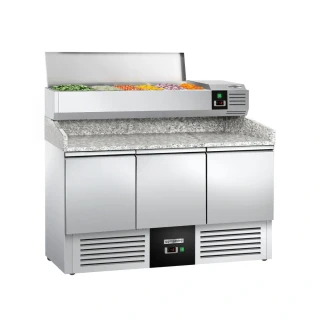 Chladicí stůl na pizzu PREMIUM - 1400x700 mm - se dveřmi - vč. nástavné vitríny - 6x GN 1/4