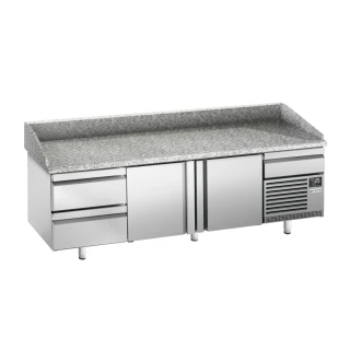 Chladicí stůl na pizzu PREMIUM PLUS - 2305x800 mm - se 2 dveřmi a 2 zásuvkami - se žulovou pracovní deskou