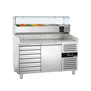 Chladicí stůl na pizzu ECO - 1500x800 mm - se 1 dveřmi a 7 zásuvkami - se žulovou pracovní deskou - vč. chladicí nástavbové vitríny - 7x GN 1/4