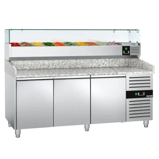 Chladicí stůl na pizzu ECO - 2000x800 mm - se 3 dveřmi - Vč. chladicí vitríny - 10x GN 1/4