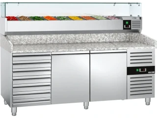 Chladicí stůl na pizzu ECO - 2000x800 mm - se 2 dveřmi a 7 zásuvkami - vč. chladicí nástavbové vitríny - 10x GN 1/4