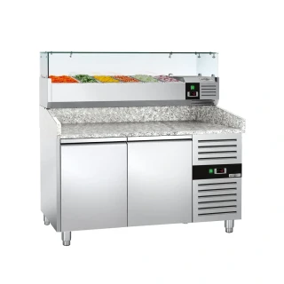 Chladicí stůl na pizzu ECO - 1500x800 mm - se 2 dveřmi - vč. chladicí nástavbové vitríny - 6x GN 1/3
