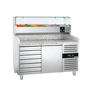 Chladicí stůl na pizzu ECO - 1500x800 mm - se 1 dveřmi a 7 zásuvkami - se žulovou pracovní deskou - vč. chladicí nástavbové vitríny - 6x GN 1/3