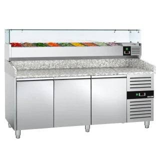 Chladicí stůl na pizzu ECO - 2000x800 mm - se 3 dveřmi - vč. chladicí nástavbové vitríny - 9x GN 1/3