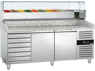 Chladicí stůl na pizzu ECO - 2000x800 mm - se 2 dveřmi a 7 zásuvkami - vč. chladicí nástavbové vitríny - 9x GN 1/3