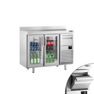 Barový chladicí stůl PREMIUM PLUS - 1468x600 mm - 340 l - se 2 skleněnými dveřmi, zadní lem & vyklepávač na kávu