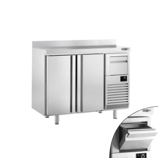 Barový chladicí stůl PREMIUM PLUS - 1468x600 mm - 340 l - se 2 dveřmi, zadní lem & vyklepávač na kávu