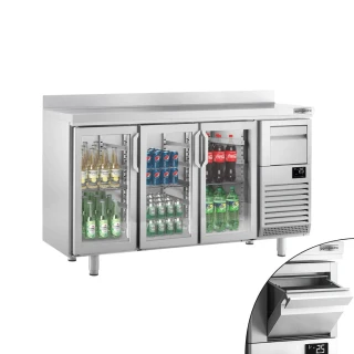 Barový chladicí stůl PREMIUM PLUS - Barkühltische Glas - 1960x600 mm - 520 l - se 3 skleněnými dveřmi, zadním lemem & vyklepávačem na kávu
