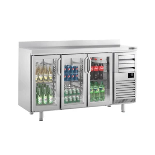 Barový chladicí stůl PREMIUM PLUS - 1960x600 mm - 520 l - se 3 skleněnými dveřmi, 2 zásuvkami, zadním lemem - černý