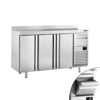 Barový chladicí stůl PREMIUM PLUS - 1960x600 mm - 520 l - se 3 dveřmi, zadním lemem & vyklepávačem na kávu - černý