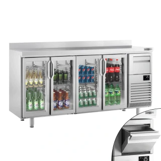 Barový chladicí stůl PREMIUM PLUS - 2452x600 mm - 690 l - se 4 skleněnými dveřmi, zadní lem & vyklepávač na kávu - černý