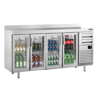Barový chladicí stůl PREMIUM PLUS - 2452x600 mm - 690 l - se 4 skleněnými dveřmi, 2 zásuvkami & zadním lemem - černý