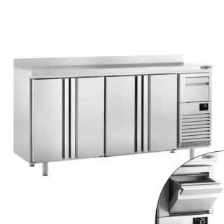 Barový chladicí stůl PREMIUM PLUS - 2450x600 mm - se 4 dveřmi, zadní lištou & odklepávačem na kávu
