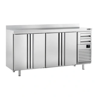 Barový chladicí stůl PREMIUM PLUS - 2452x600 mm - se 4 dveřmi, 2 zásuvkami & zadní lištou