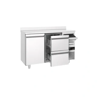 Barový chladicí stůl PREMIUM - 1580x600 mm - s 1 dveřmi, 2 zásuvkami, zadní lištou & odklepávačem na kávu