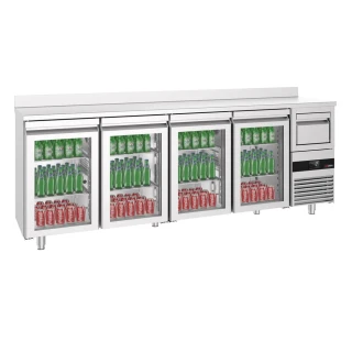 Barový chladicí stůl PREMIUM - 2690x600 mm - se 4 skleněnými dveřmi, zadní lištou & odklepávačem na kávu