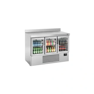 Barový chladicí stůl PREMIUM PLUS - 1460x700 mm - Se 3 skleněnými dveřmi - Se zadní lištou