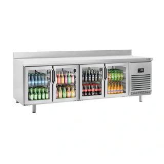 Chladicí stůl PREMIUM PLUS - 2452x600x mm - Se 4 skleněnými dveřmi - Zadní lišta