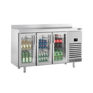 Chladicí stůl PREMIUM PLUS - 1960x700 mm - se 3 skleněnými křídlovými dveřmi a zadní lištou
